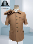 Tan safari suit jacket with short sleeves, button front, chest pocket, flap side pockets