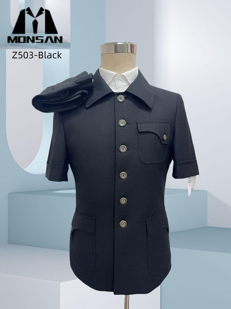 Black Safari Style Multi-Pocket Short Sleeve Suit Set for Men