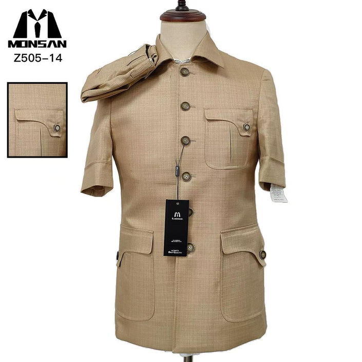 Khaki safari jacket with button front and flap pockets