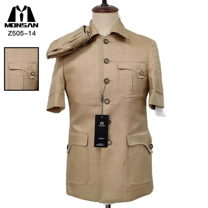 Khaki safari jacket with button front and flap pockets