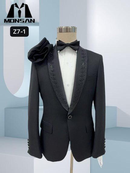 Men's tuxedo jacket with rhinestone lapel, black bow tie and white vest