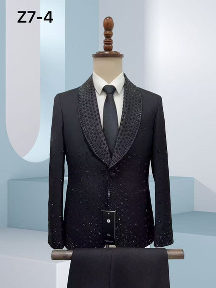 Black rhinestone tuxedo jacket with shawl lapels and single-breasted front