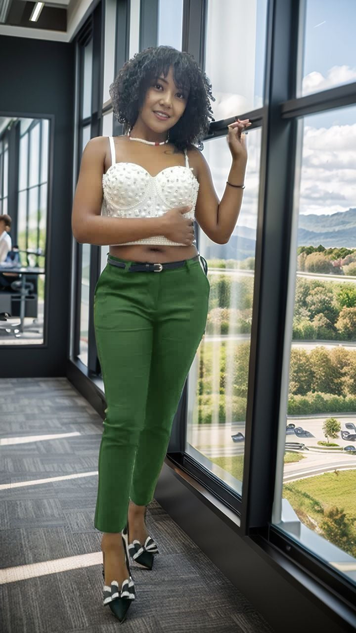 Women's High-Waisted Slim Fit Pants with Belt for Elegance