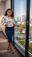 High-waist slim pencil skirt, dark navy, knee-length with fitted waistband trim