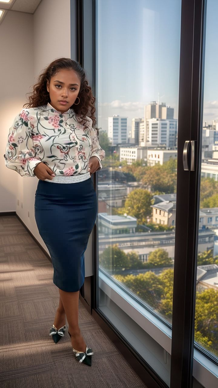 High-waist slim pencil skirt, dark navy, knee-length with fitted waistband trim