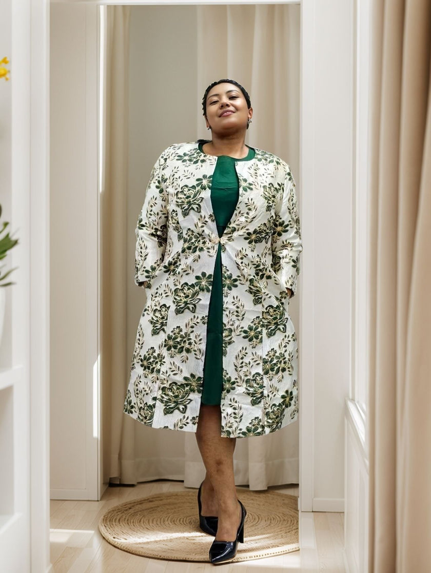 Floral Pattern Two-Piece Set: Cardigan and Dress Combo