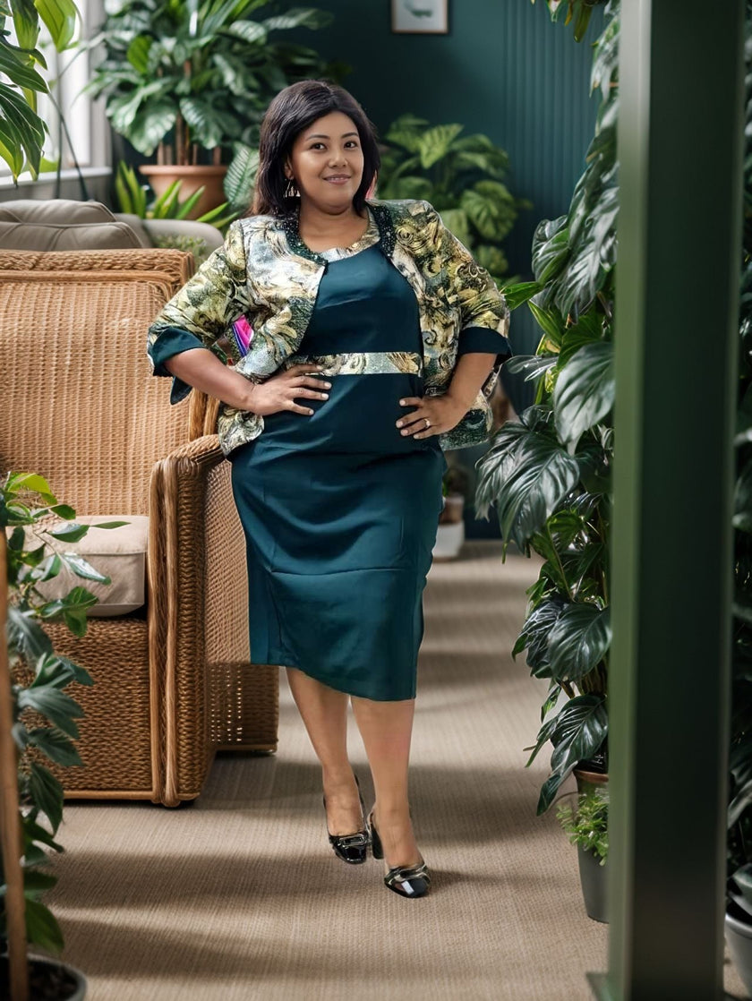 Women's Two-Piece Floral Pattern Jacket Dress with Sequin Lapel Design