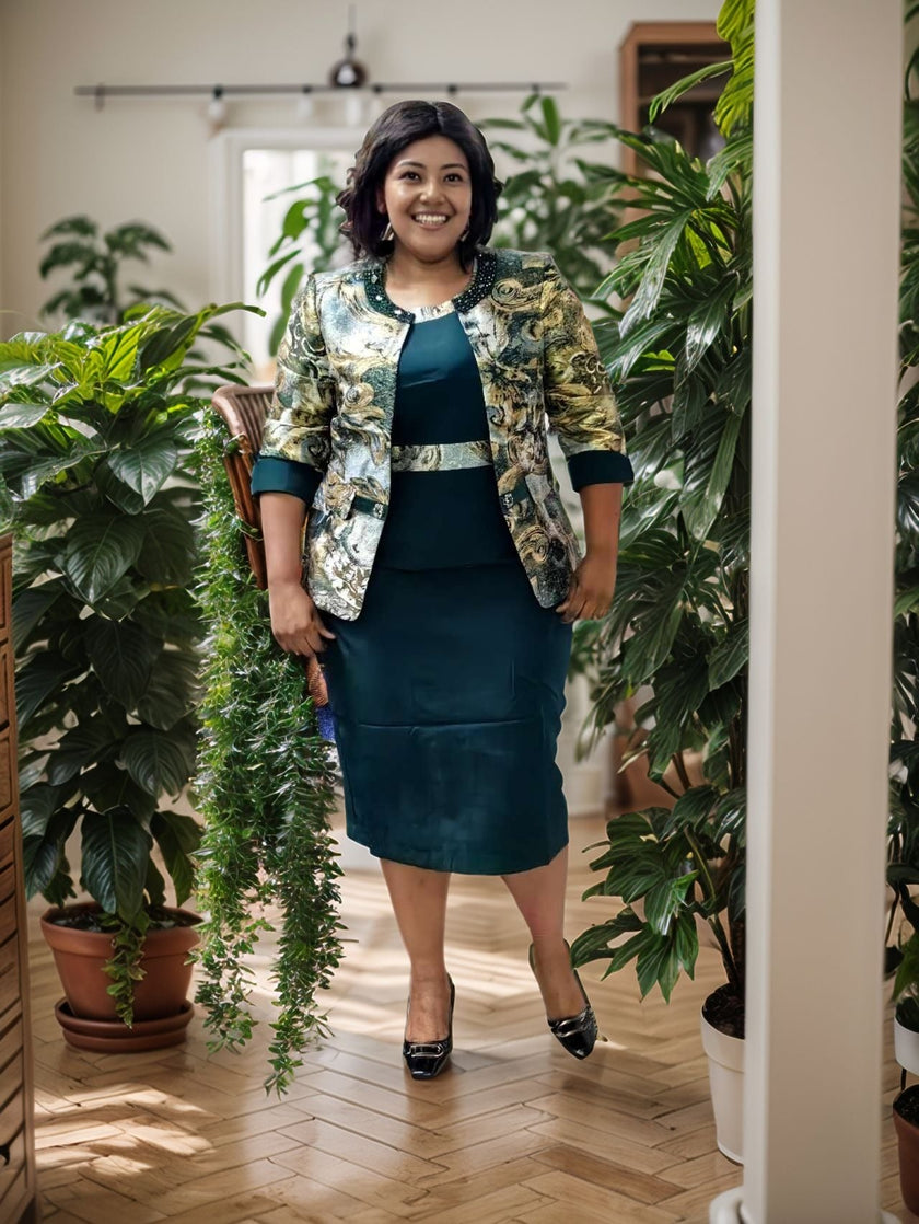 Women's Two-Piece Floral Pattern Jacket Dress with Sequin Lapel Design