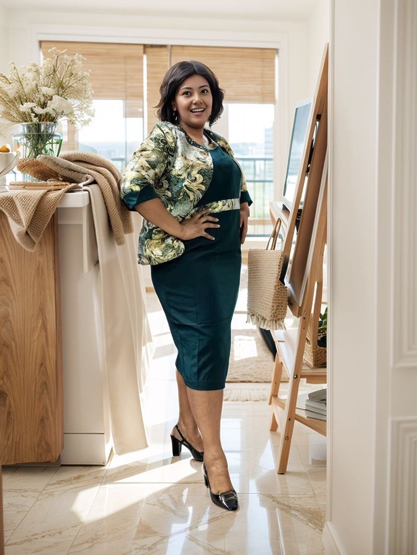 Women's Two-Piece Floral Pattern Jacket Dress with Sequin Lapel Design